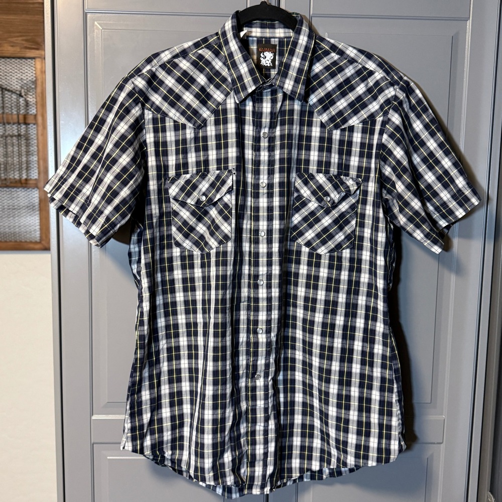 Karman Vintage Mens Western Tartan Plaid Pearl Snap SS Shirt, Navy Green, L